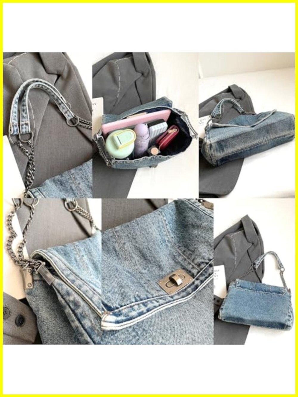 Large Denim Tote Bag for Women Crossbody Shoulder Turn-Lock Closure - Picture 3 of 6